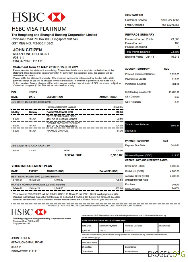 Modèle de relevé de carte de crédit Visa Platinum de la banque HSBC de Hong Kong au format de fichier .xls et .pdf